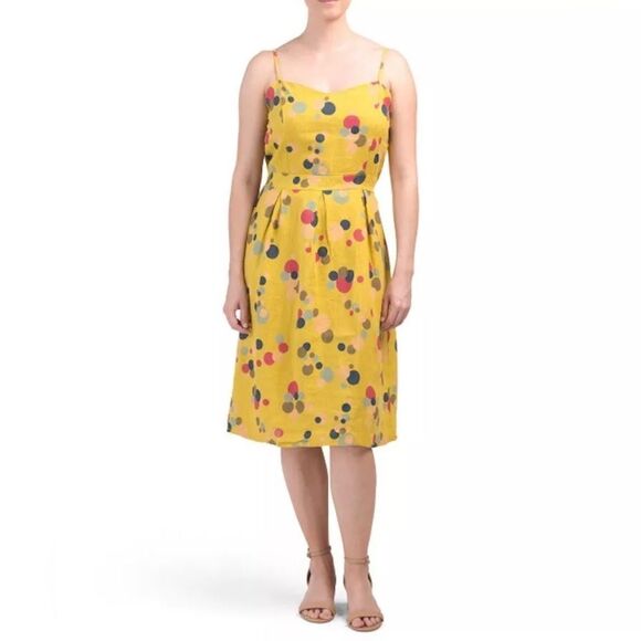 VIA SIGNORIA 100% Linen Midi Yellow Polka dot Sundress Made In Italy Sz L - Picture 1 of 7